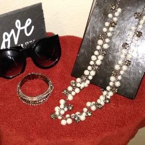 Black  Rhinestones & White Necklace and Bracel Set